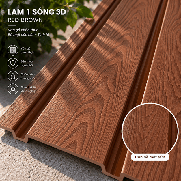 bề mặt Gỗ Nhựa Lam 1 Sóng 3D – Red Brown