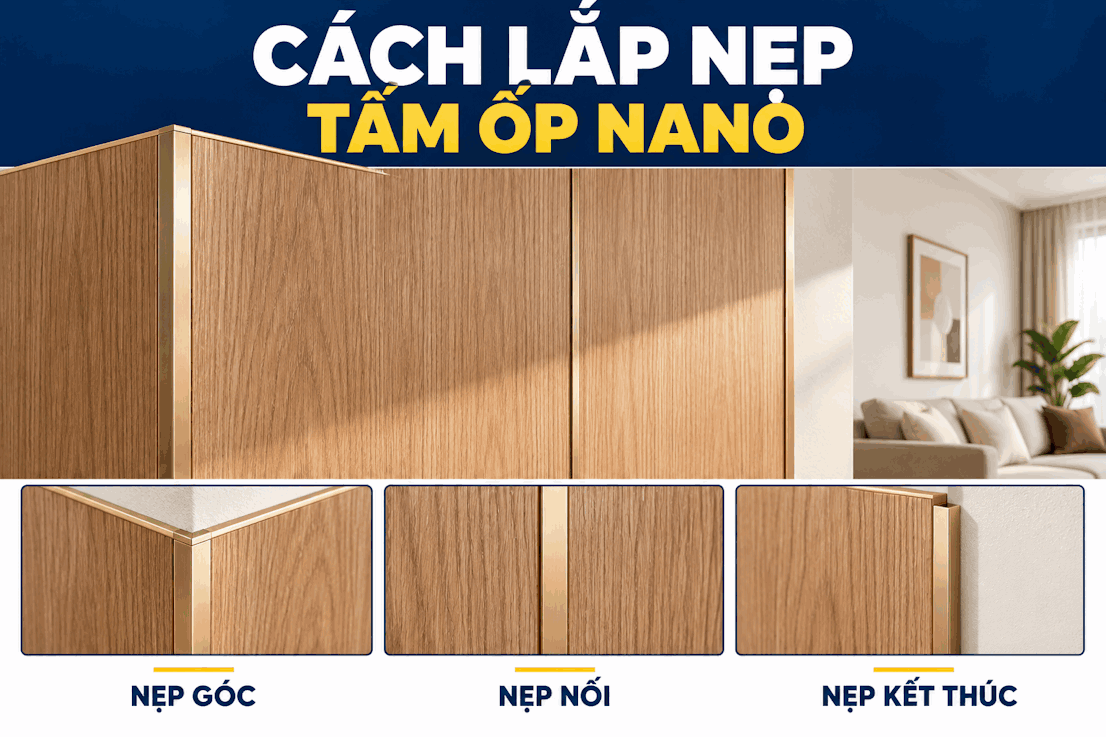 Cách lắp nẹp tấm ốp Nano: Nẹp góc, nối, kết thúc