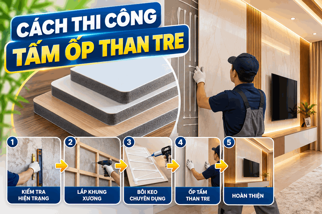 Cách thi công tấm ốp than tre