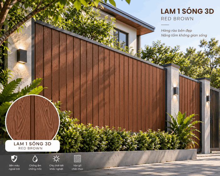 công trình Gỗ Nhựa Lam 1 Sóng 3D – Red Brown