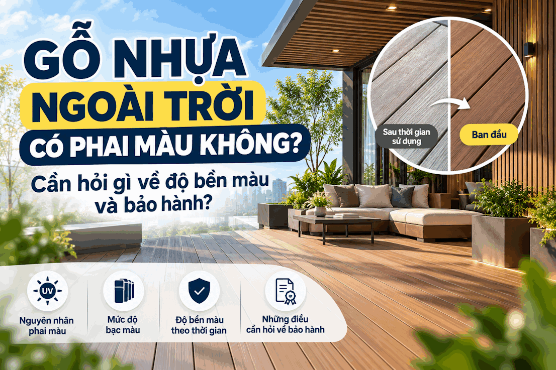 Gỗ nhựa ngoài trời có phai màu không? Độ bền màu &amp; bảo hành