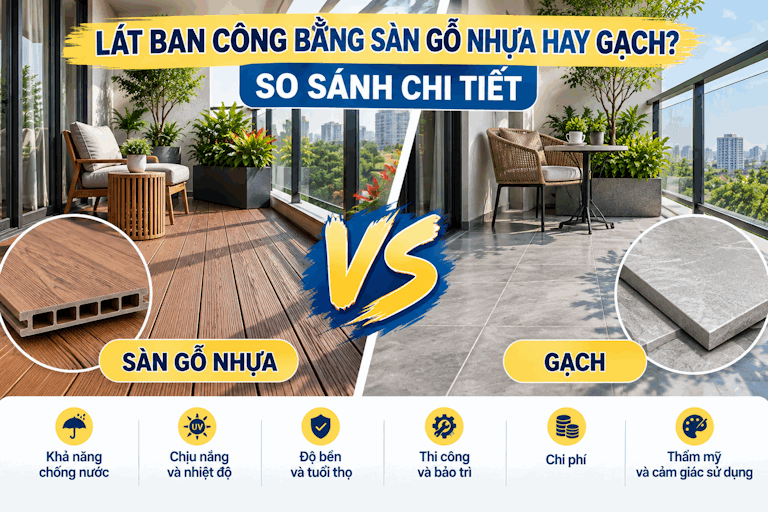 Lát ban công bằng sàn gỗ nhựa hay gạch? So sánh chi tiết