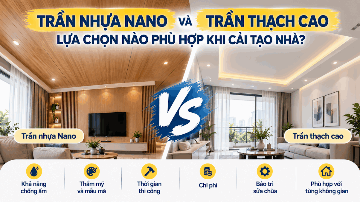 So sánh trần nhựa Nano và trần thạch cao khi cải tạo nhà