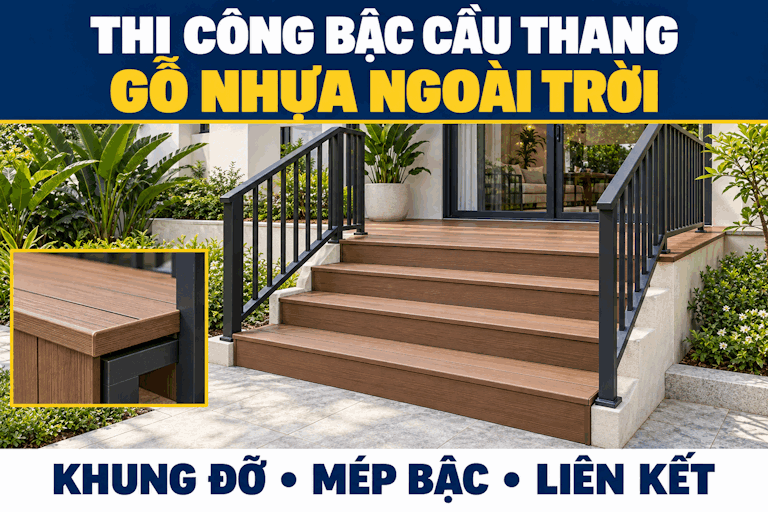Thi công bậc cầu thang gỗ nhựa ngoài trời: Khung, mép