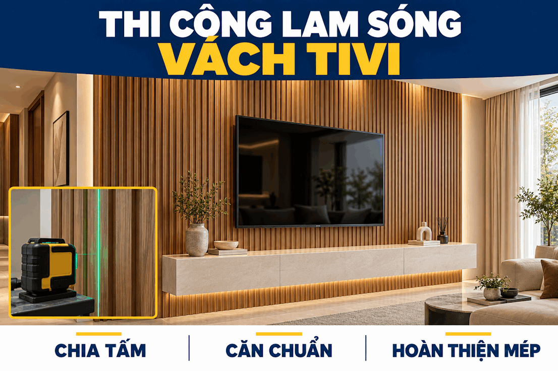 Thi công lam sóng vách tivi: Chia tấm, căn chuẩn, xử lý mép