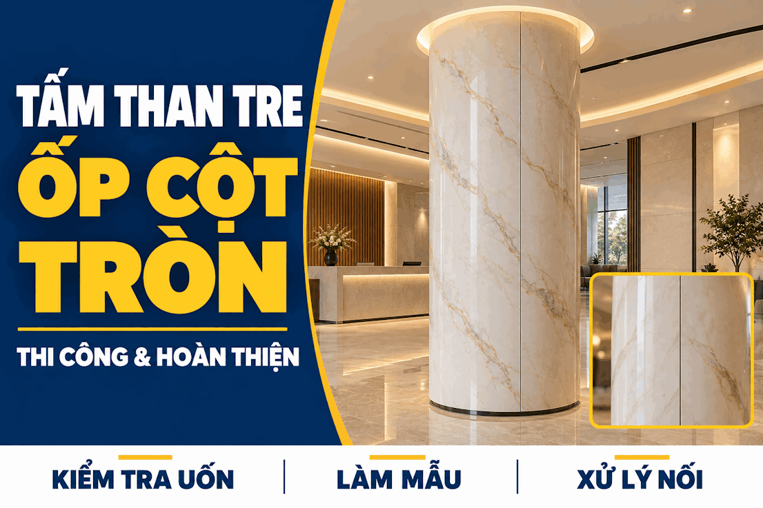 Thi công tấm than tre ốp cột tròn: Uốn, làm mẫu, xử lý nối