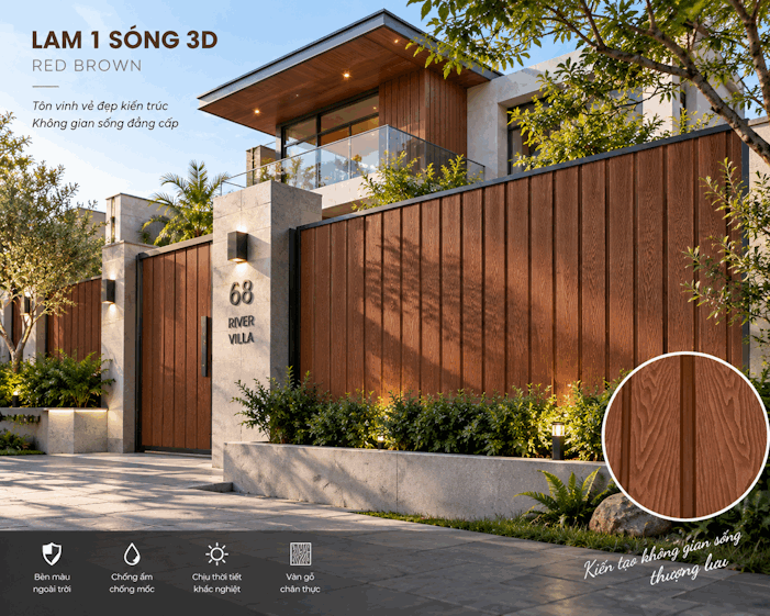 ứng dụng Gỗ Nhựa Lam 1 Sóng 3D – Red Brown